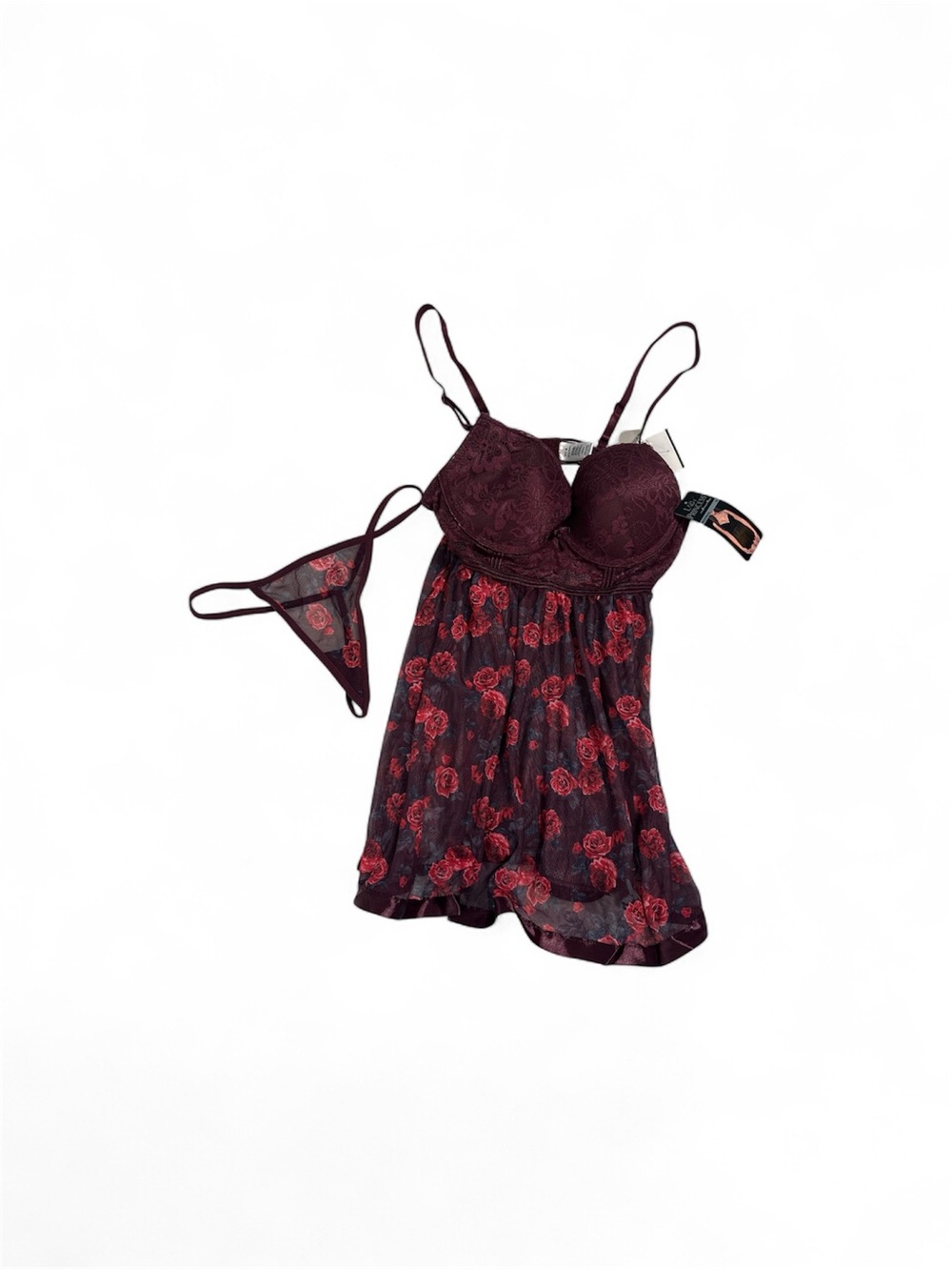 Floral Lace Burgundy Chemise with Matching Thong by